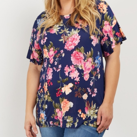 Pinkblush Navy Floral Ruffle Sleeve Top L - Picture 3 of 3
